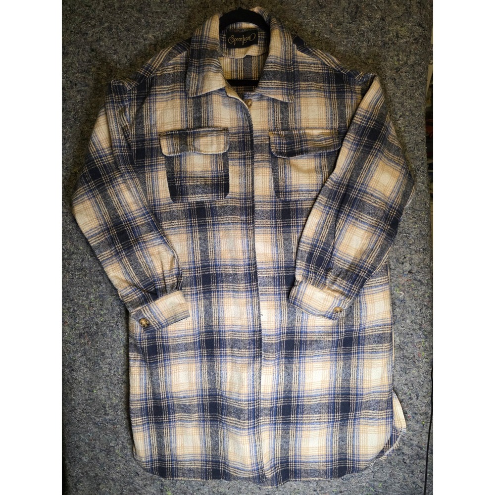 976 Spoon Jeans Womens Blue Tan Plaid Longline Shacket Shirt Jacket Size XL